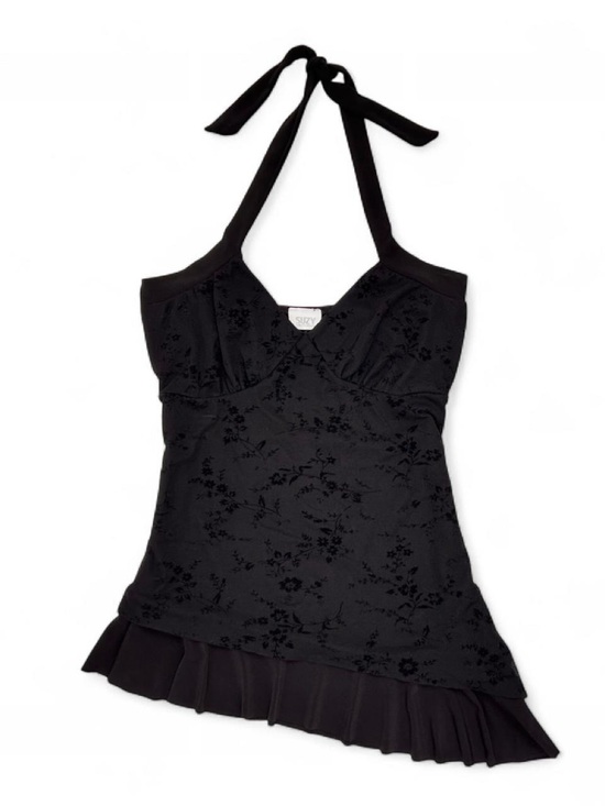 Suzy Shier Dresses & Skirts - Y2K 2000s Whimsygoth Black Floral Print Mesh Asymmetrical Hem Halter Top